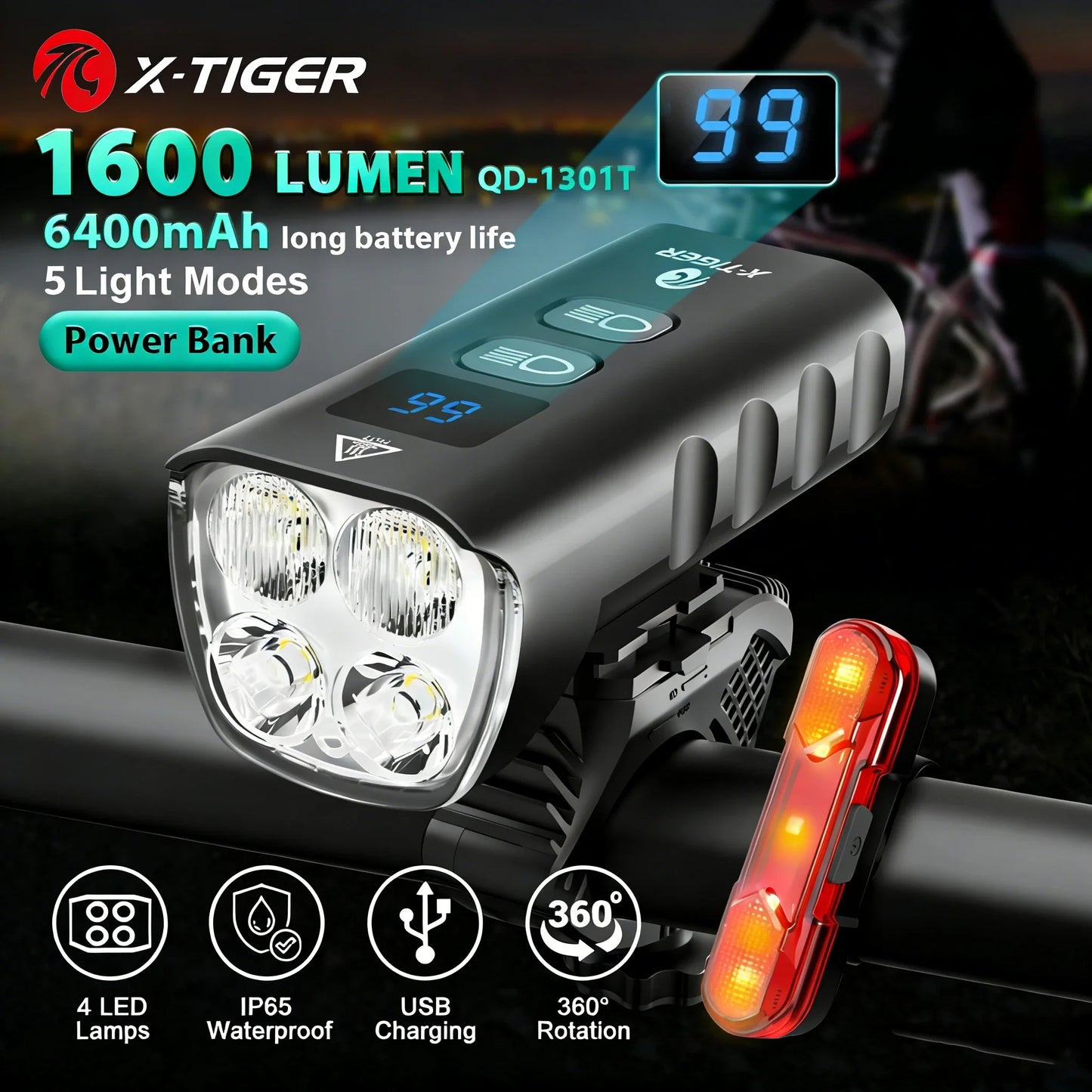 X-TIGER 1600LM Rechargeable Bike Light – 6400mAh MTB LED