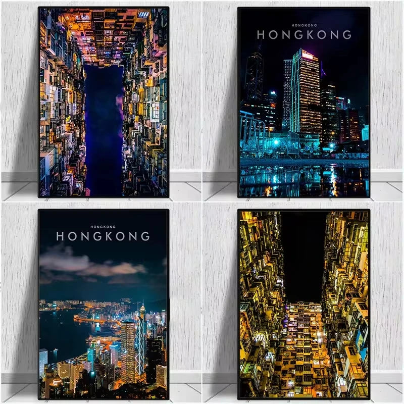 Hong Kong Night View Canvas Wall Art | Modern Cityscape Poster