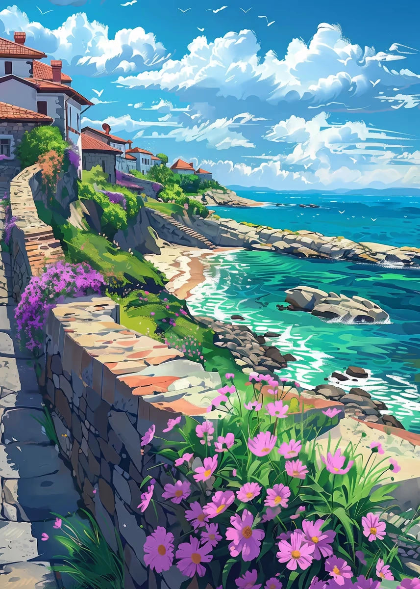 Seaside Town Landscape Canvas Wall Art | Coastal Poster Print