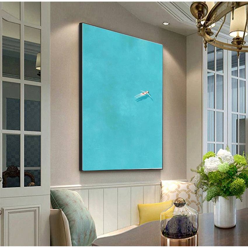 Cartoon Girl Swim Canvas Wall Art | Nordic Kids Room Poster