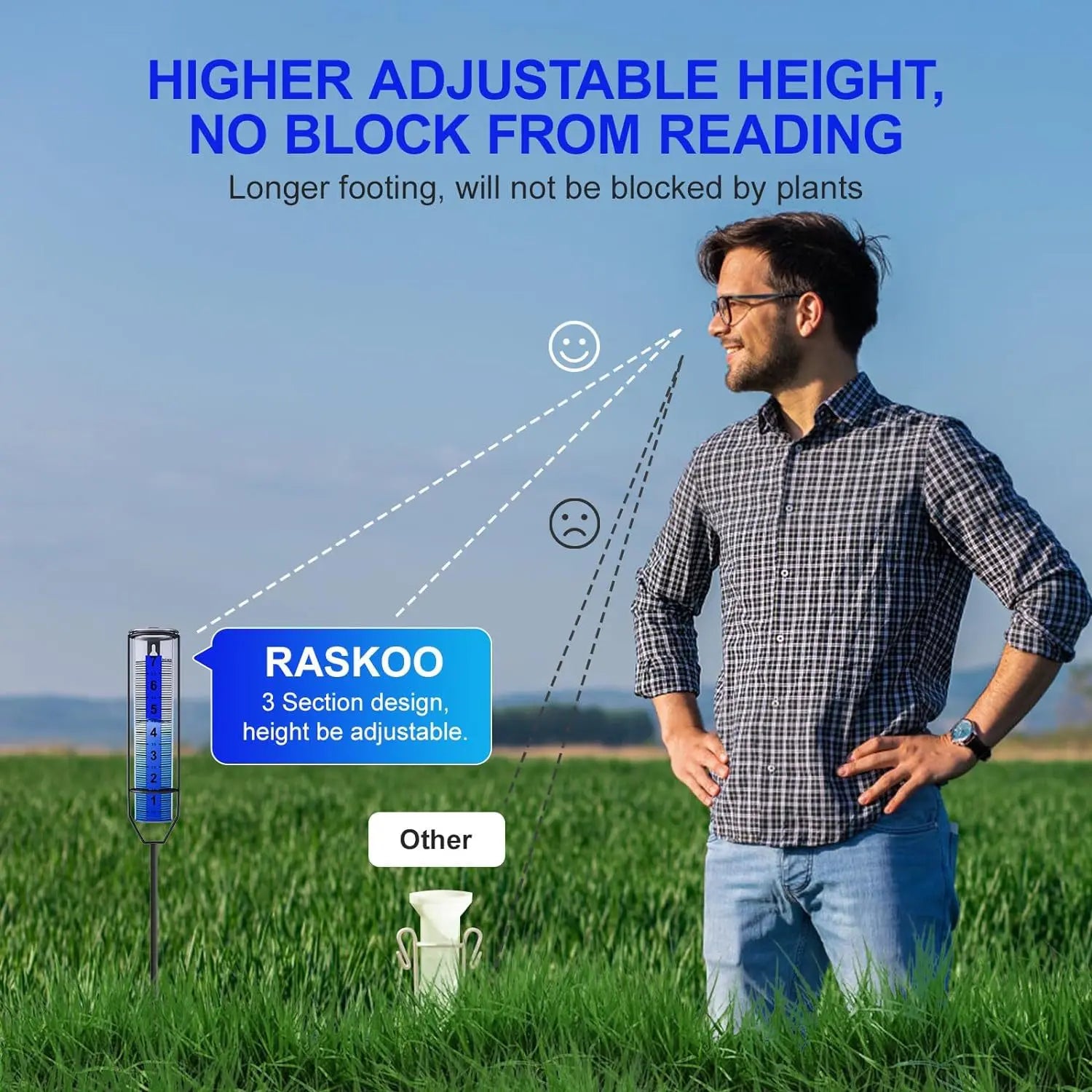 Rain Gauge 7" Freeze-Proof Transparent Plastic Outdoor Measuring Tool Large Clear Numbers Adjustable Height for Garden Lawn Farm Peaceful Pleasures Health and Wellness