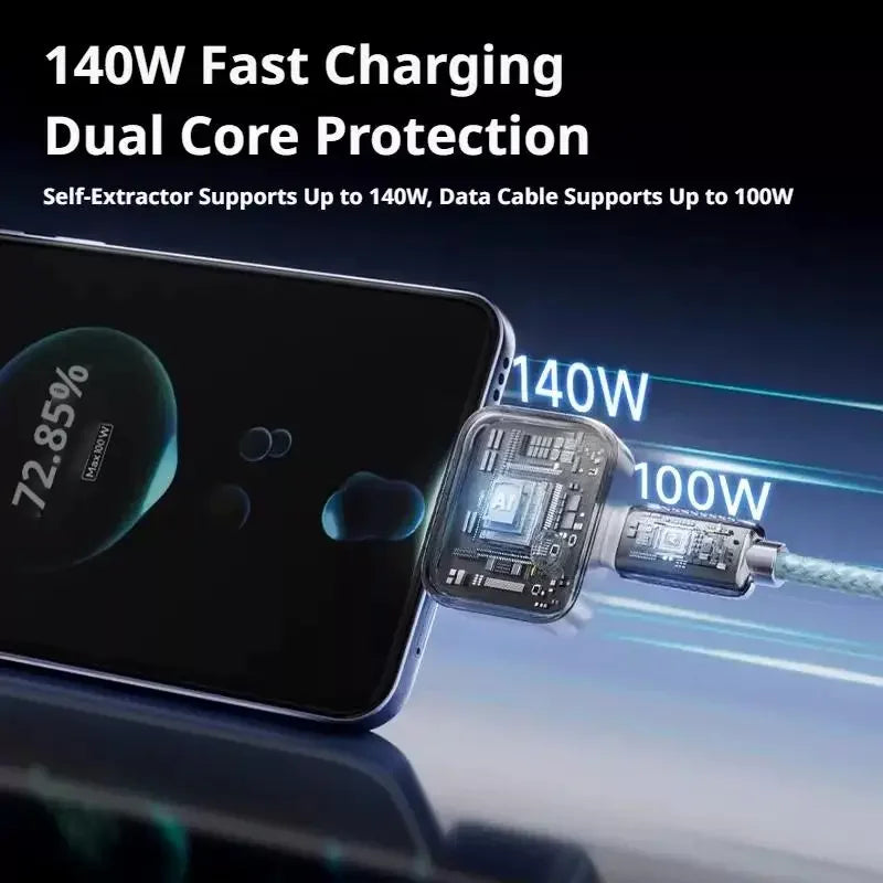 140W Fast Charging Data Cable TypeC Automatic Power-Off Battery Guard Anti-Overcharge Protection for Safe Overnight Phone Charge Peaceful Pleasures Health and Wellness