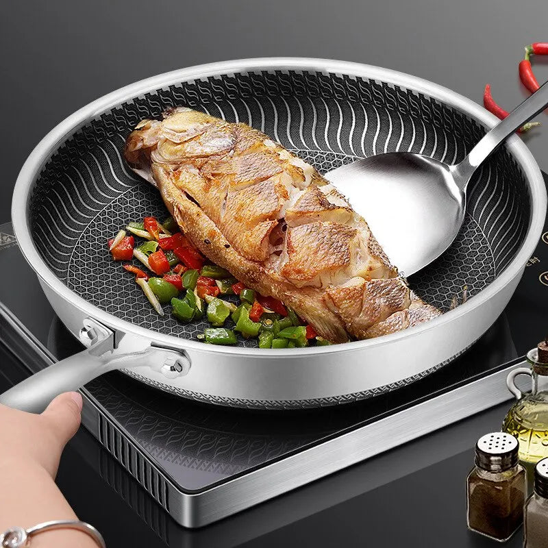 Whole Body Tri-Ply Stainless Steel Frying Pan 316 Stainless Steel Wok Pan Double-sided Honeycomb Skillet Suitable for All Stove Peaceful Pleasures Health and Wellness