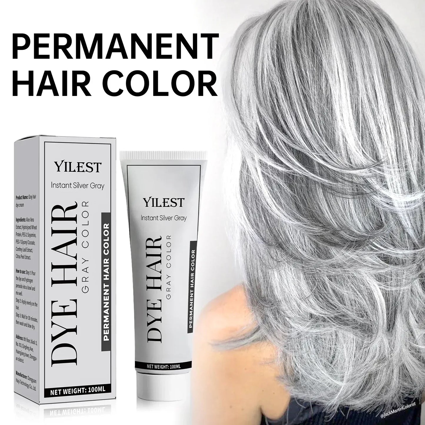 Smoky Silver Grey Hair Dye Cream 100ml - Quick Coloring, Long-Lasting & No Damage DIY Styling for Professional Look. Peaceful Pleasures Health and Wellness
