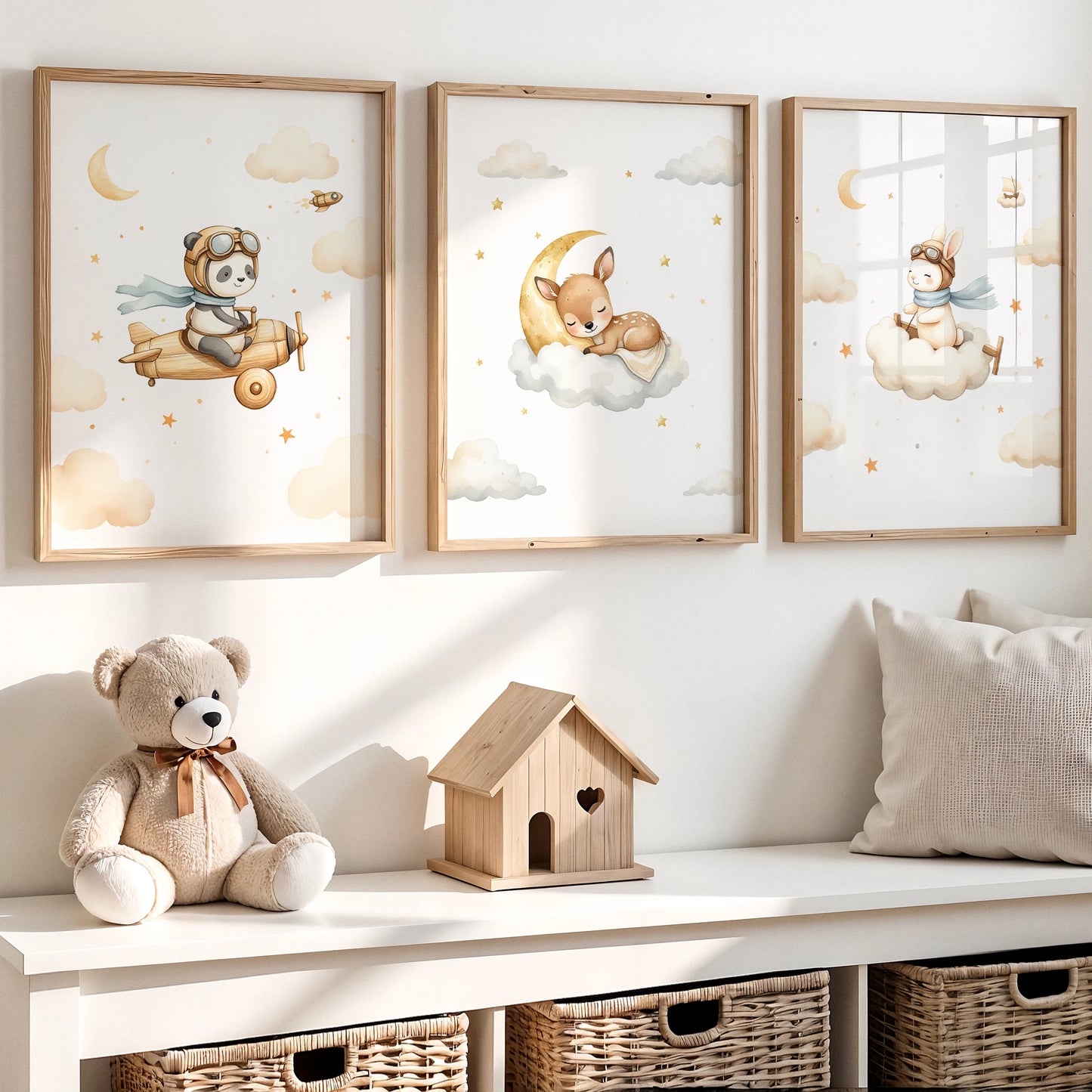 Cartoon Watercolor Airplane Animals Canvas Wall Art | Kids Room