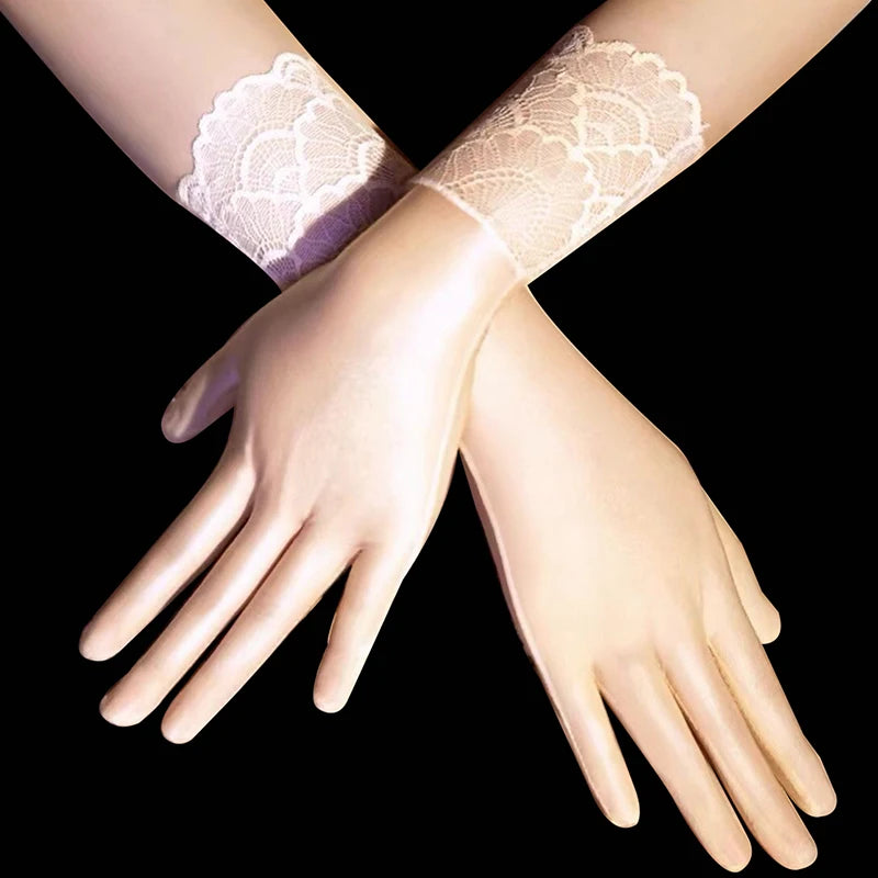 NEW Women Oil Glossy Tight Stocking Gloves Sexy High Elastic Transparent Ultra-Thin Clubwear Short Wrist Gloves Peaceful Pleasures Health and Wellness skincolor lace trim