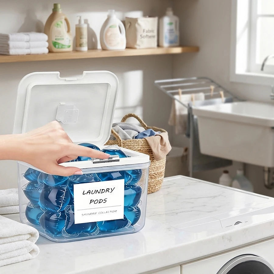 Laundry Pods Container with Press-and-Pop Lid – Detergent Powder Jar & Laundry Room Organizer