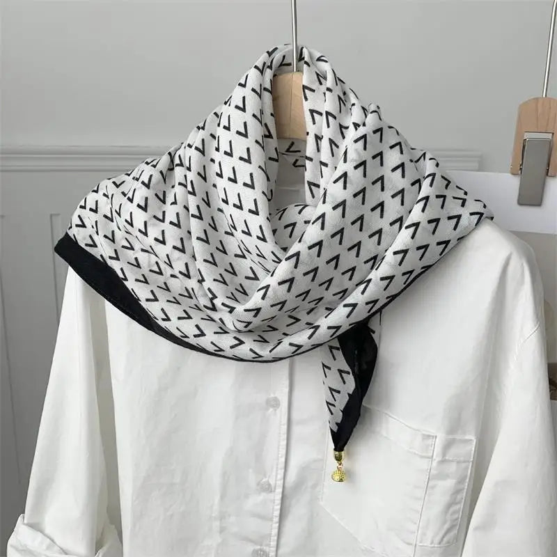 70x70 Retro Print Square Silk Scarf with Magnetic Buckle