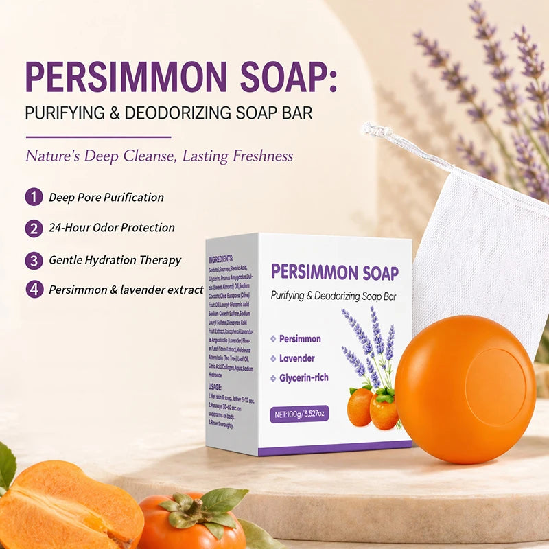 Persimmon Lavender Soap Bar 100g Purifying Deodorizing Gentle Cleansing Bar Natural Ingredients For Skin Refreshing Daily Use Peaceful Pleasures Health and Wellness