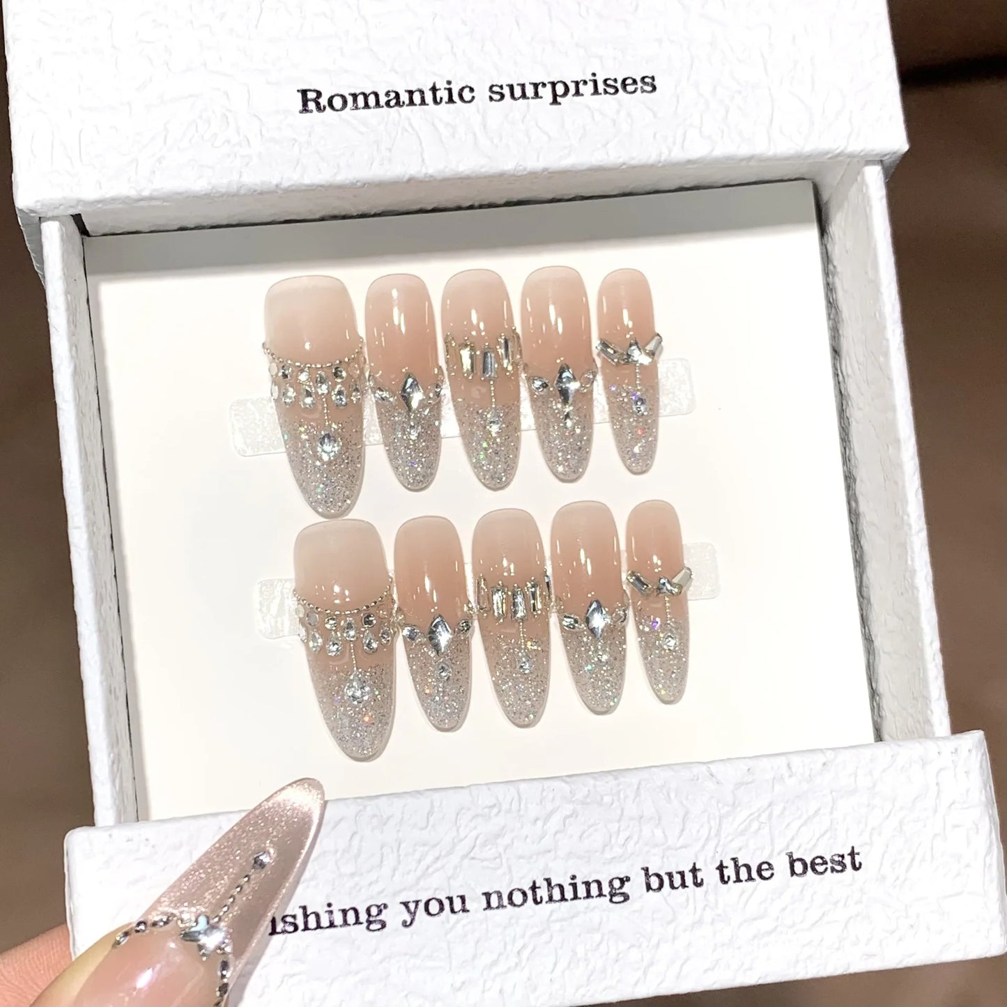 10pcs Handmade Shiny Diamond Press on Nails Glitter Pink Bow Decor Fake Nails Wedding Lady Wearable Ins French False Nail Tips Peaceful Pleasures Health and Wellness XS