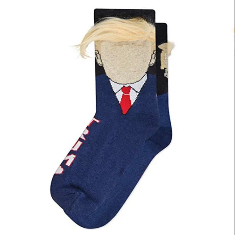 Funny and Funny Presidential Socks With 3D Fake Hair Round Neck Socks for Men's Street Clothing Hip Hop Socks Peaceful Pleasures Health and Wellness Dark Navy Blue One Size