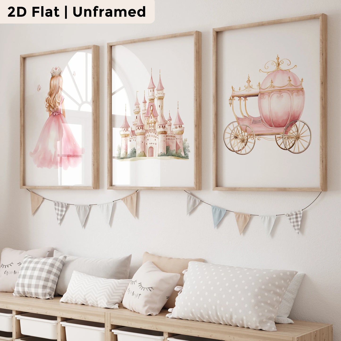 3-Piece Pink Princess Castle Canvas Wall Art Print | Kids Decor