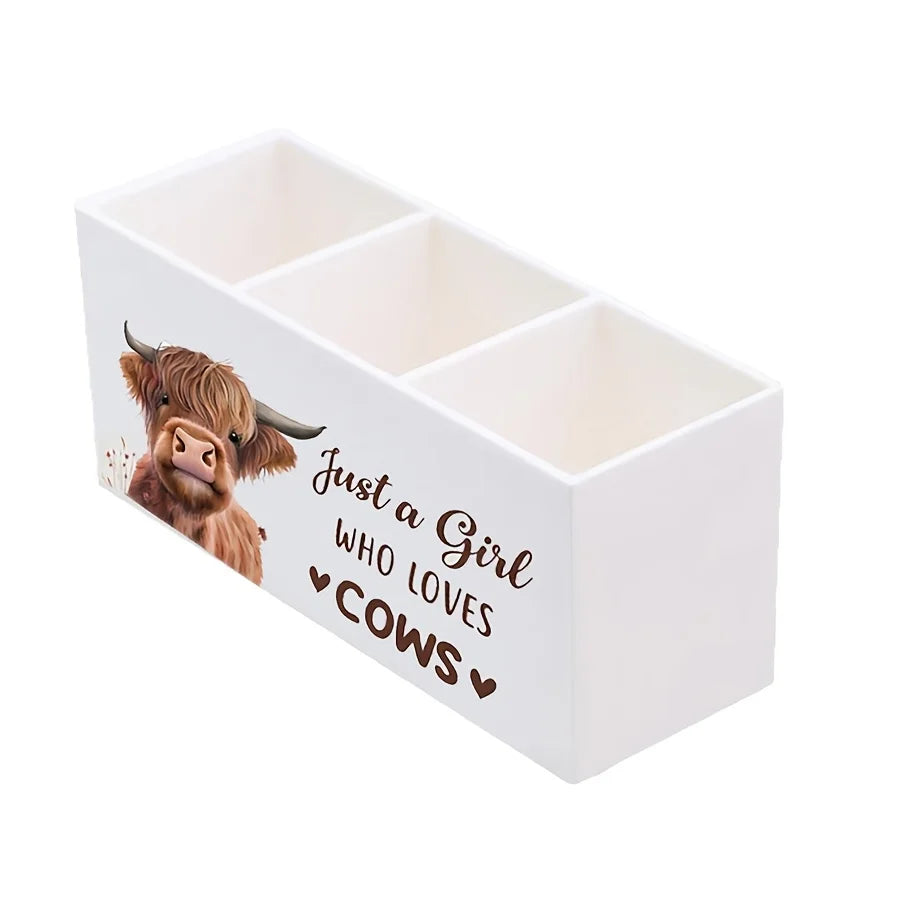 Highland Cow Pen Holder Organizer Makeup Brushes Storage Box Desk Decor for Women, Pencil Box Home Office Decoration Peaceful Pleasures Health and Wellness WHITE