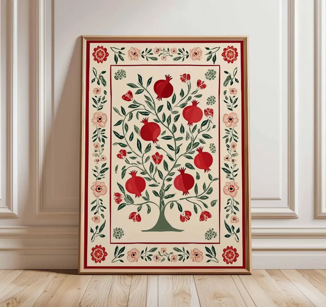 Pomegranate Tree Canvas Wall Art | Botanical Folk Art Print