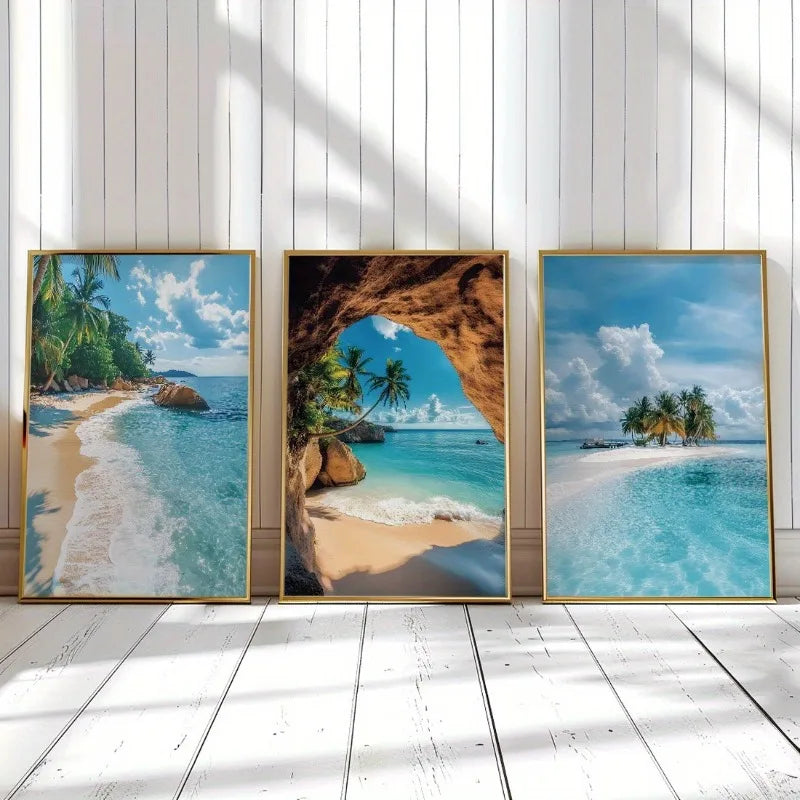 3pcs Beach Island Seaside Scenery, Wall Art Canvas Poster, for Living Room Bedroom Office Wall Decoration, Home Decor Frameless Peaceful Pleasures Health and Wellness