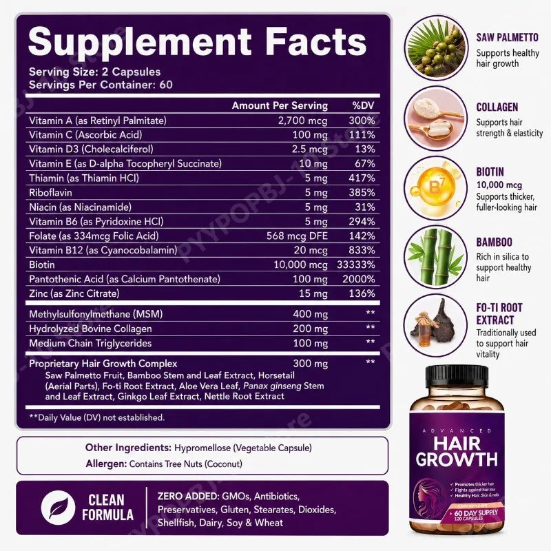 Hair Growth Vitamins for Women | Biotin 10000mcg + Collagen