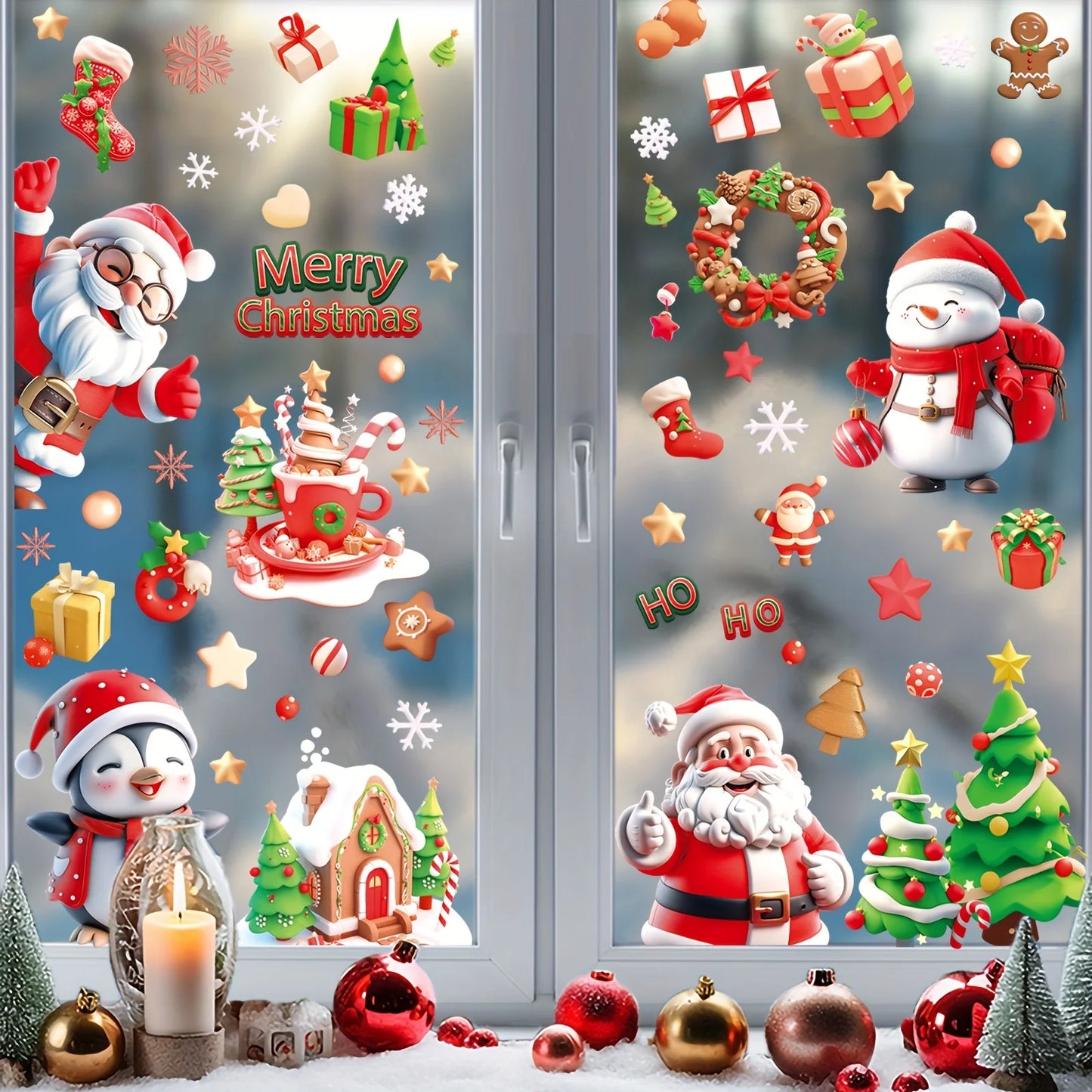 9 Sheets 72 Santa Snowman Glass Stickers Christmas Tree Refrigerator