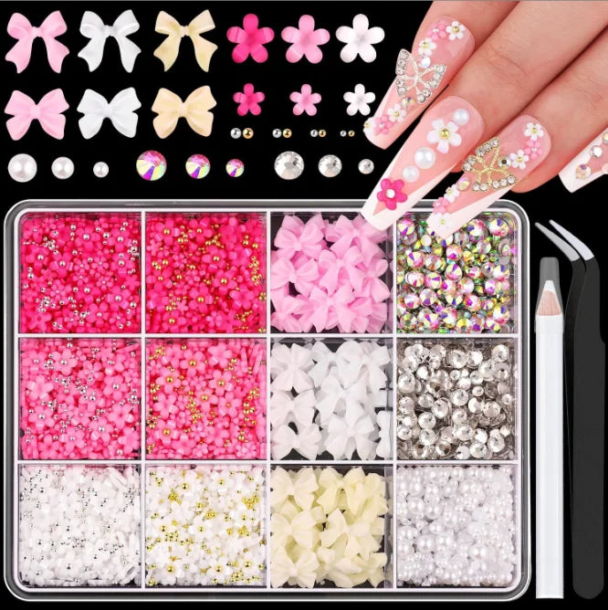 1 Box Multi Ribbon Bow Resin Nail Decoration Mixed Alloy Pearl Love