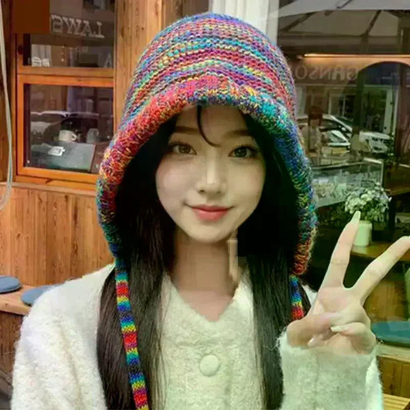 Rainbow Striped Knit Beanie Hat – Women's Winter Ear Warm Cap