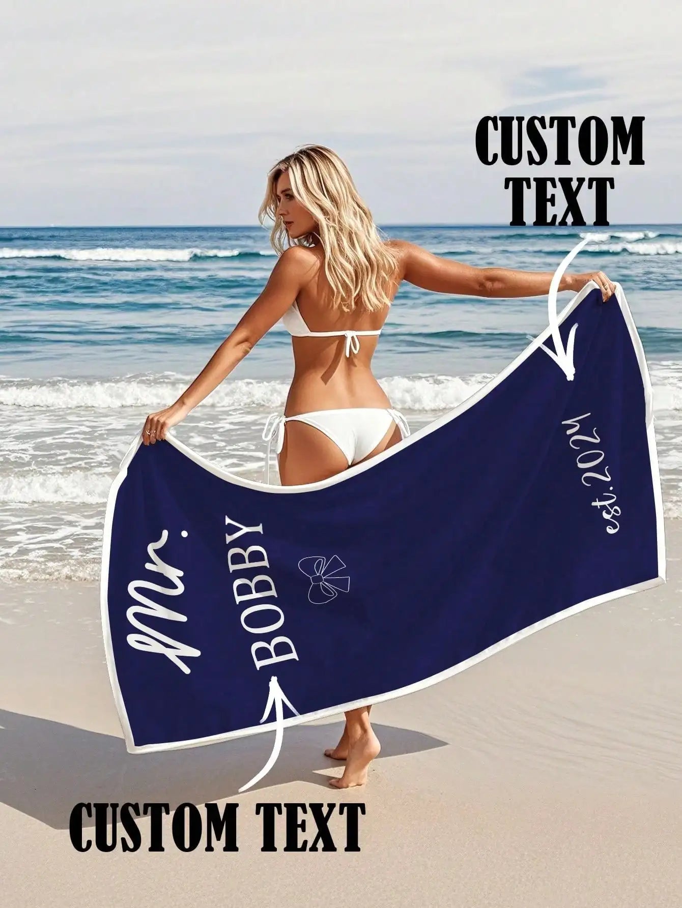 1pc Custom Text Beach Towel Personalized Print Soft Quick Dry Towel 70x140cm 80x130cm Summer Travel Swim Gym Gift For Women Men Peaceful Pleasures Health and Wellness Navy Blue 80x130cm