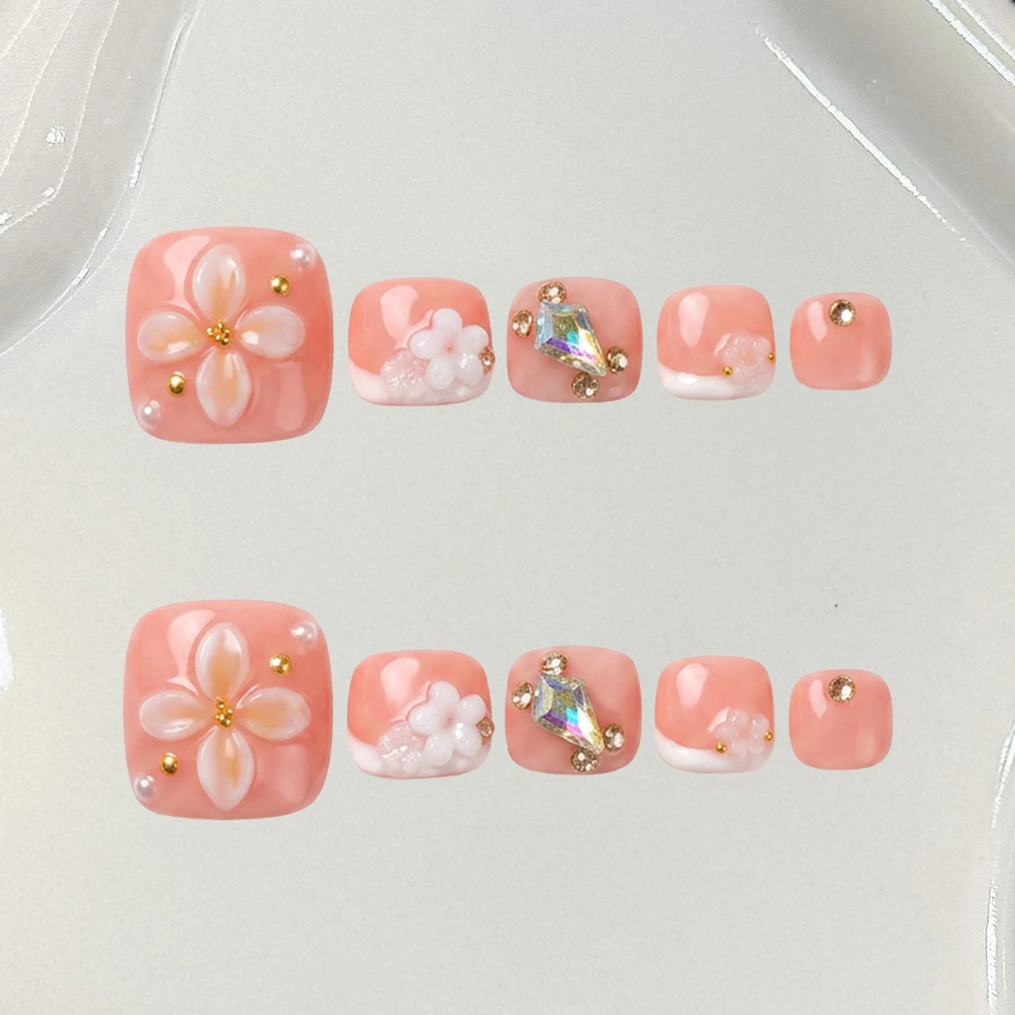3D Flower Press-On Toe Nails Rhinestone French Style | 10pc