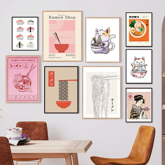 Art Print Watercolor Sushi Poster Kitchen Wall Canvas Painting Japan Restaurant Decor Japanese Ramen Noodles Cat Illustrated Peaceful Pleasures Health and Wellness