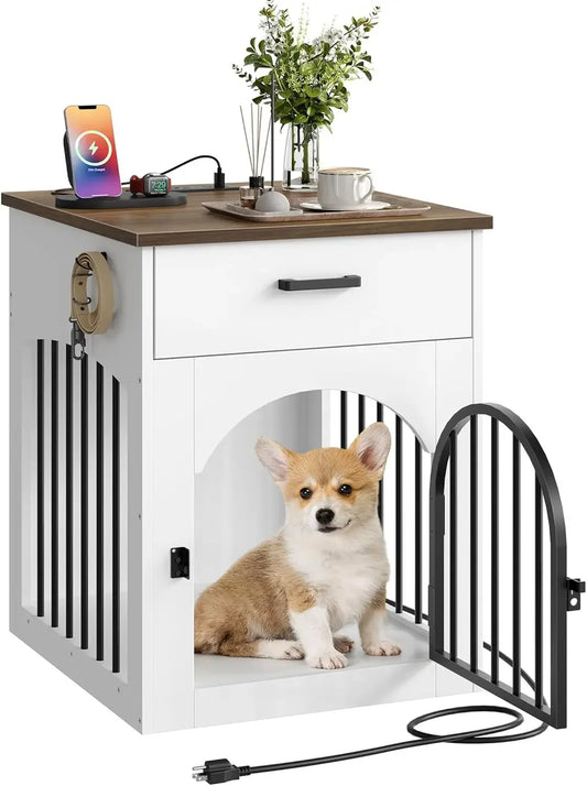 Wooden Dog Crate Furniture with Charging Station, Storage Drawer, End Table for Small Breeds in White and Walnut Peaceful Pleasures Health and Wellness United States