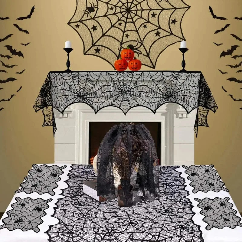 Halloween Black Lace Tablecloth – Spider Web & Bat Table Cover