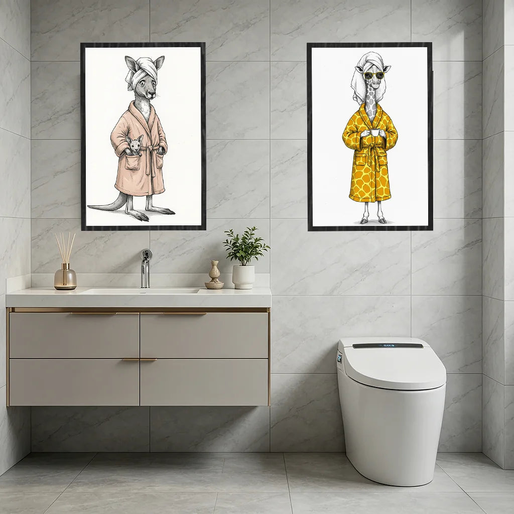 Animal Bathroom Wall Art, Nordic Funny Canvas Painting, Cute Bath Robe Animals Poster Print for Restroom Room Wall Decor Peaceful Pleasures Health and Wellness