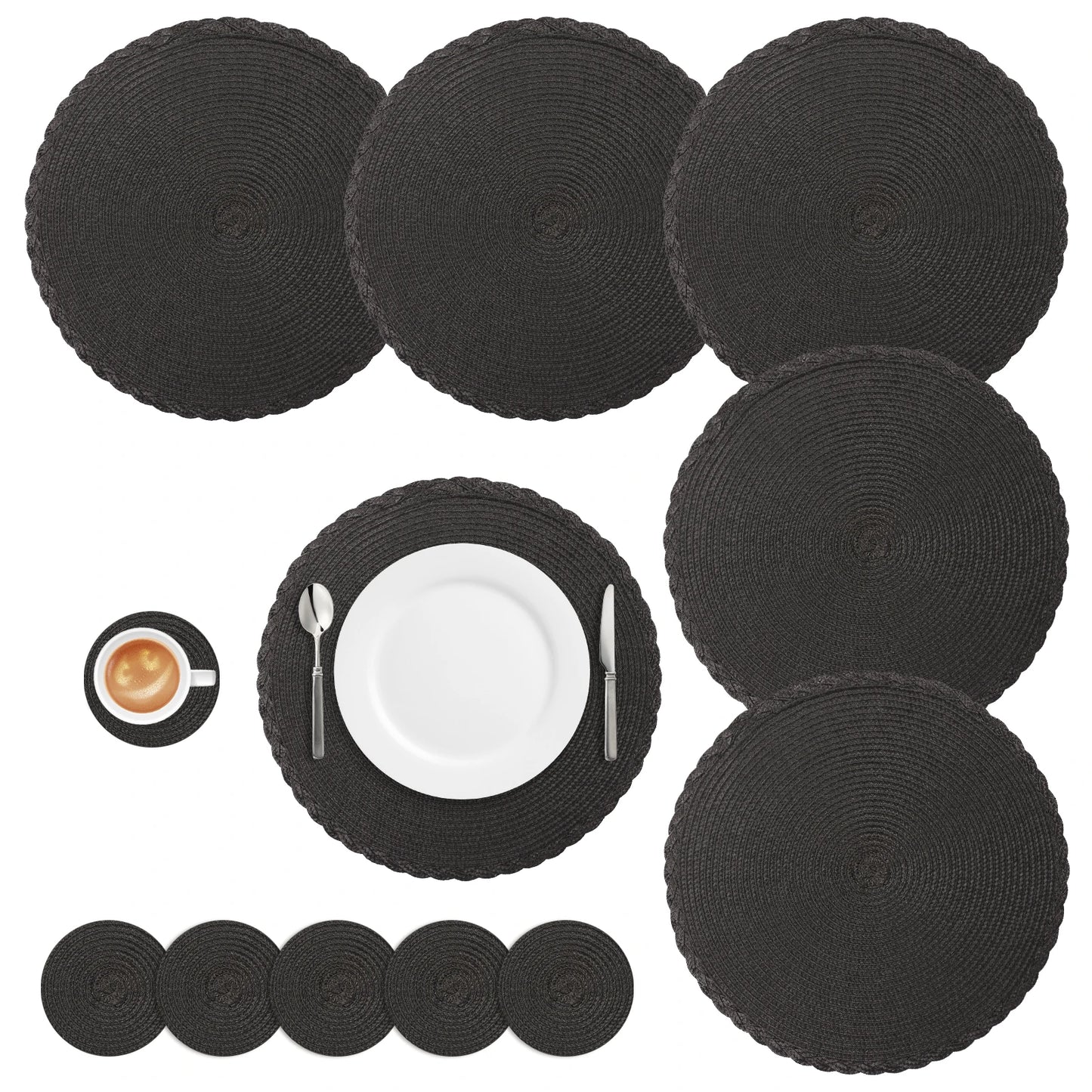 Set of 6 Round Braided Table Mat Washable Placemats Non Slip Heat Resistant for Kitchen Dining Tables Pad With 6Pc Cup Coasters Peaceful Pleasures Health and Wellness PP 33.5cm Black 6 Mats 6 Coaster
