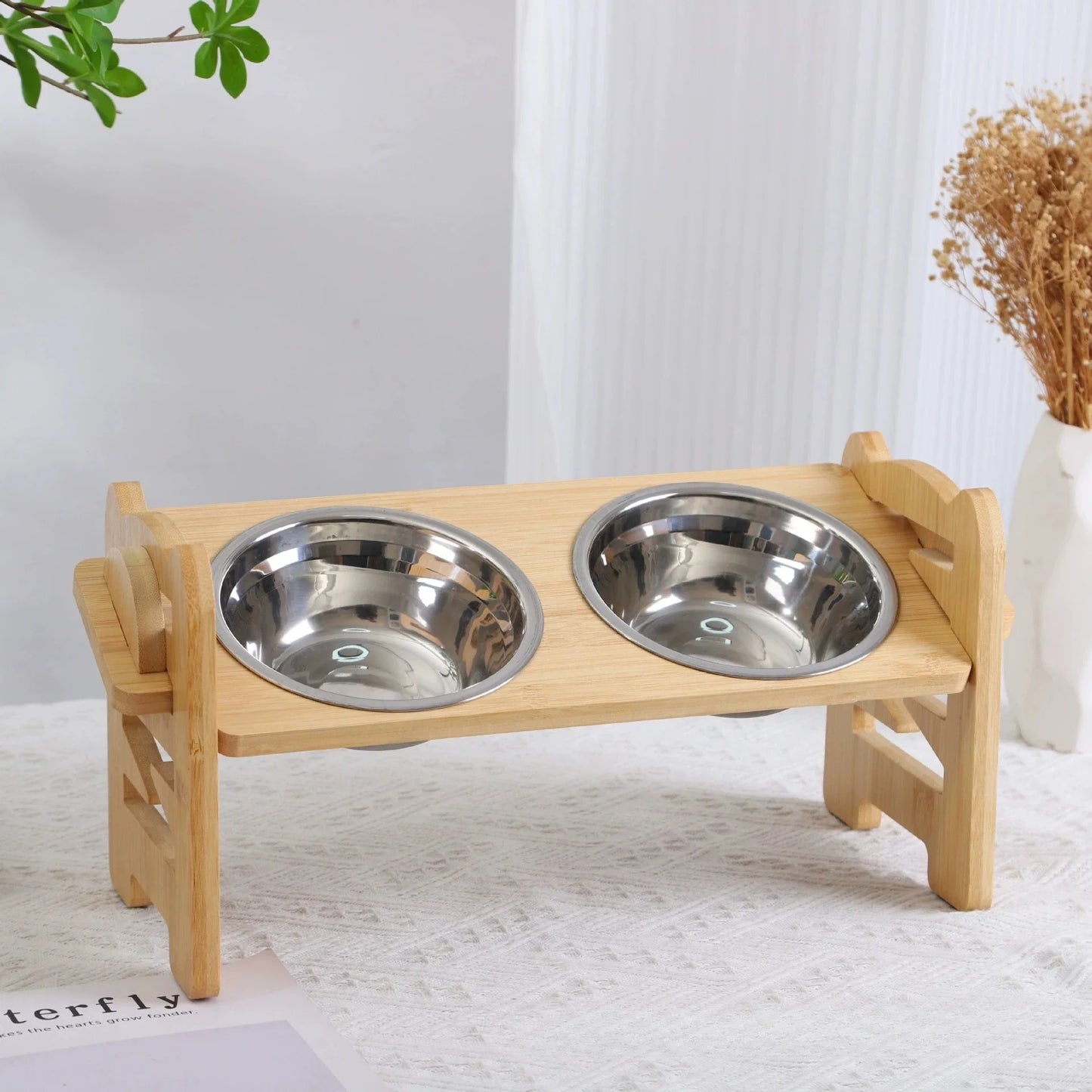 Elevated Cat Bowls | Adjustable Bamboo Stand & Stainless Steel