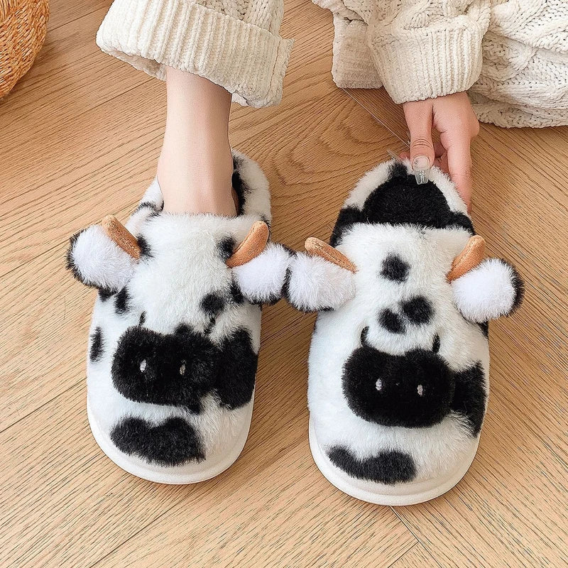 Women's Fluffy Cow Slippers | Cute Plush Winter House Shoes
