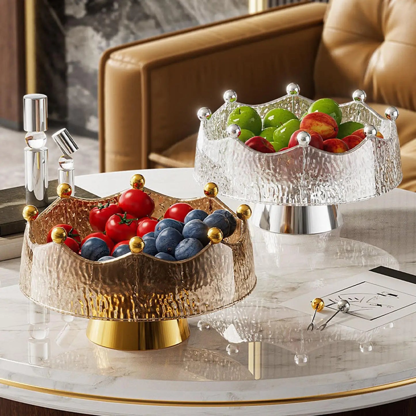 Luxury Fruit Bowl with 8 Forks | Golden Decorative Serving Tray