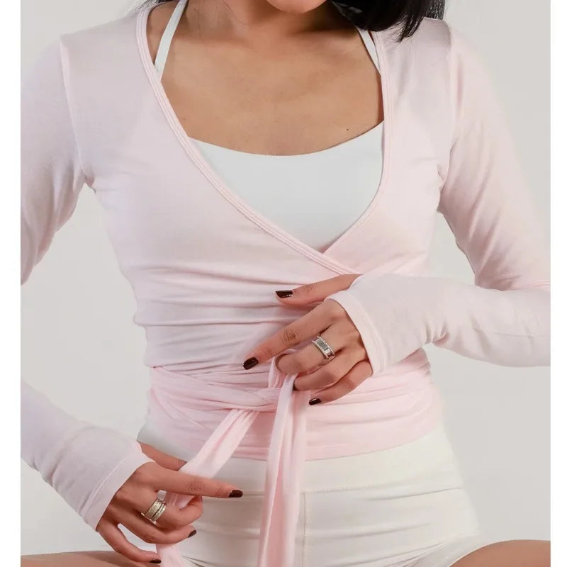 Women's Wrap Tie Front V-Neck Long Sleeve Yoga Sports Top