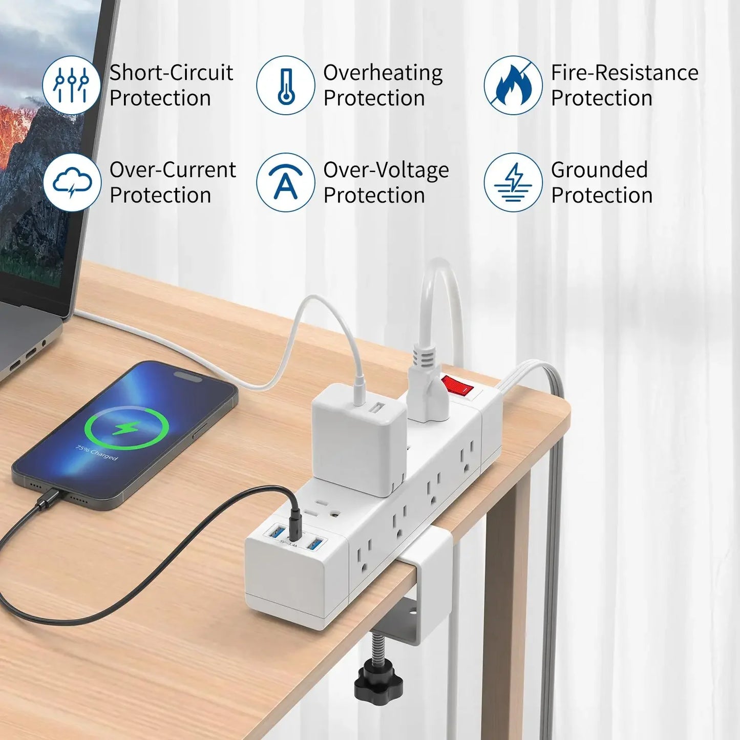 PASSUS 3-Way Power Strip with PD20W Fast Charging & Safety Switch Peaceful Pleasures Health and Wellness