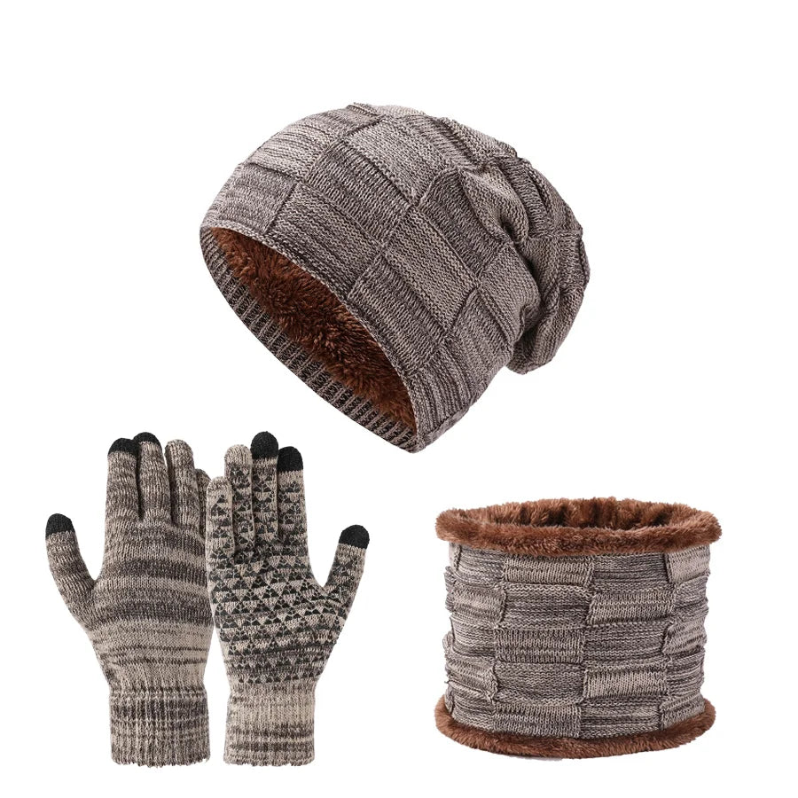 Autumn Winter Unisex Warm & Soft Winter Fleece-lined Knitted Hat,Scarves And Touch Screen Gloves 3-Piece Set Peaceful Pleasures Health and Wellness Khaki