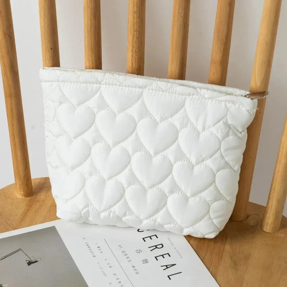 Fashion Korean Large Capacity Cosmetic Bag Women Soild Heart Quilting Handbag Portable Travel Lipstick Makeup Storage Bags Peaceful Pleasures Health and Wellness WHITE