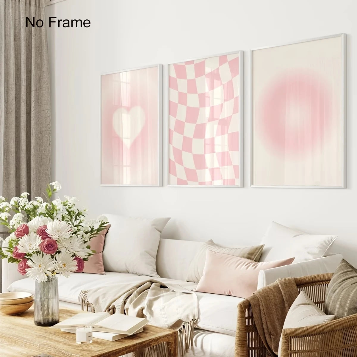 3-Piece Pink Love Gradient Plaid Canvas Wall Art Print Set