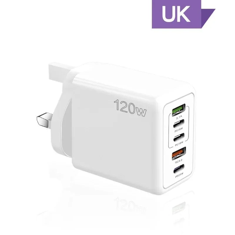 120W 5-Port USB-C PD Fast Wall Charger | Quick Charge 3.0