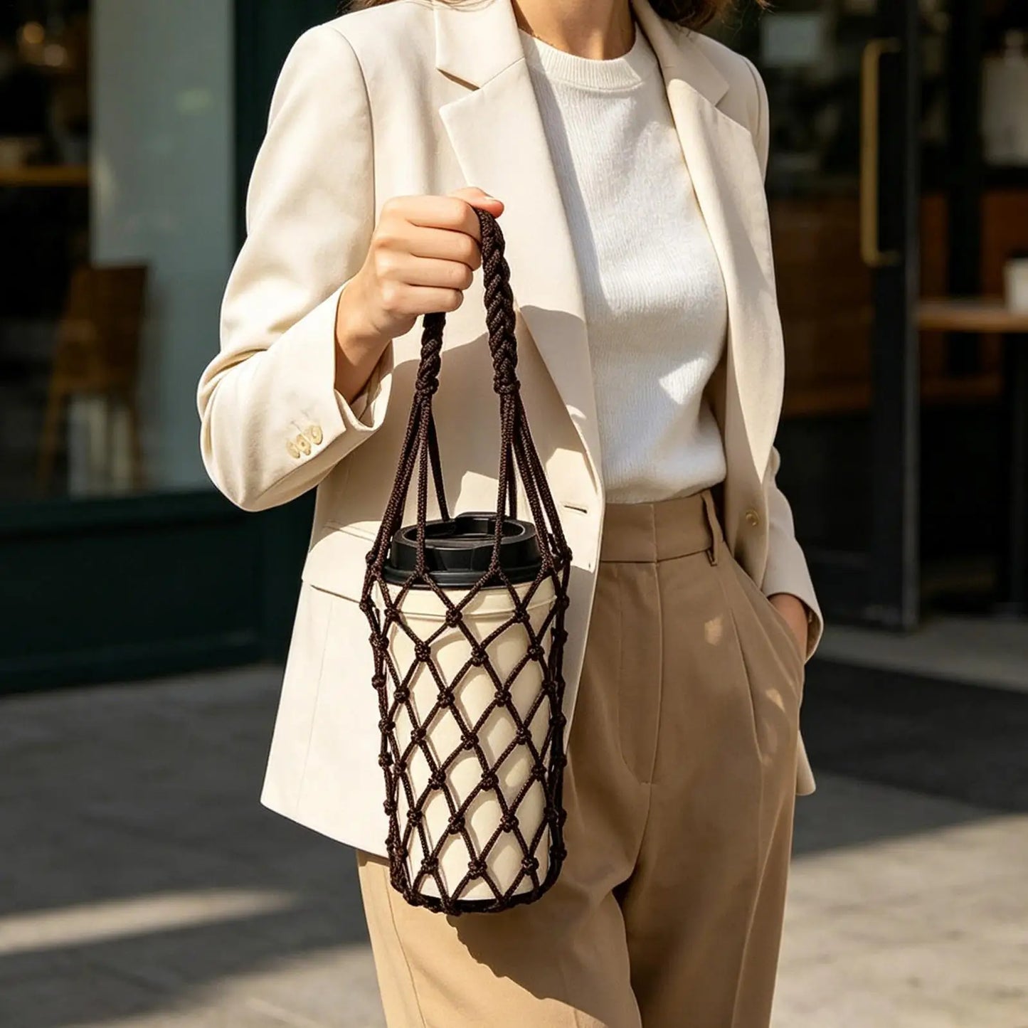Hand Woven Mesh Water Bottle Bag | Reusable Outdoor Carrier
