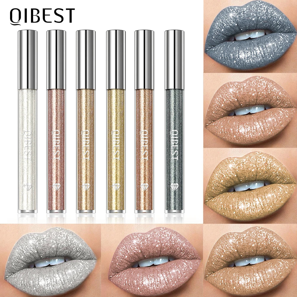 QIBEST Diamond Liquid Lipstick Lip Tint 6 Colors Moisturizing Long-Lasting Makeup Gray Sparkling Waterproof Lip Gloss Cosmetics Peaceful Pleasures Health and Wellness