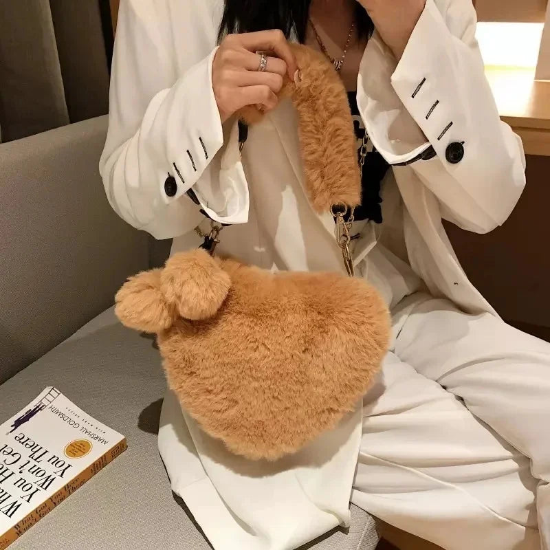 New Korean Style Plush Bags Trendy Heart-shaped Crossbody Bags Versatile Autumn Winter Single Shoulder or Handheld Clutch Wallet Peaceful Pleasures Health and Wellness