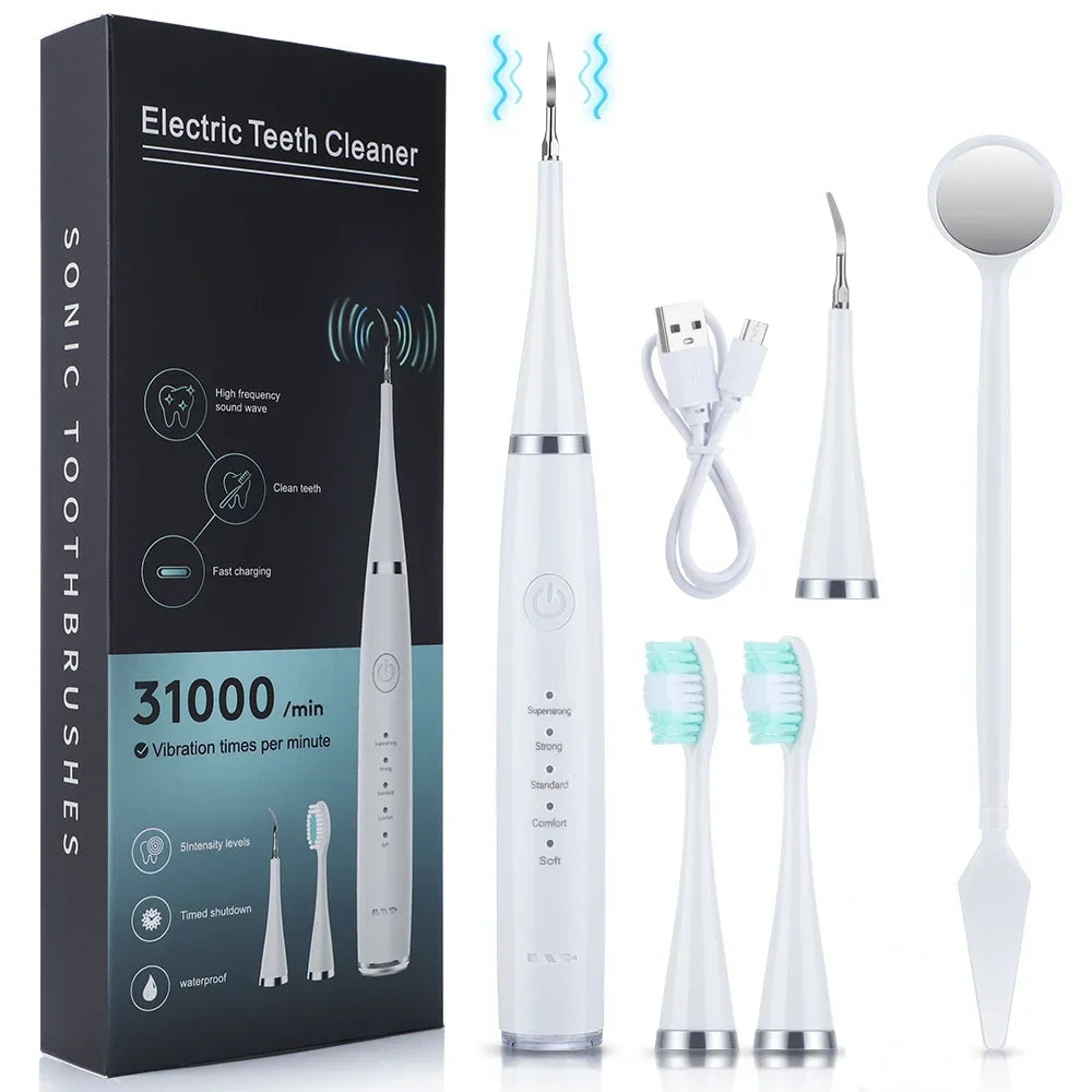 3 IN 1 Toothbrush Sonic Dental Teeth Whitening Kit Tooth Whitener Calculus Tartar Remover Tools Cleaner Stain Oral Care Peaceful Pleasures Health and Wellness WHITE