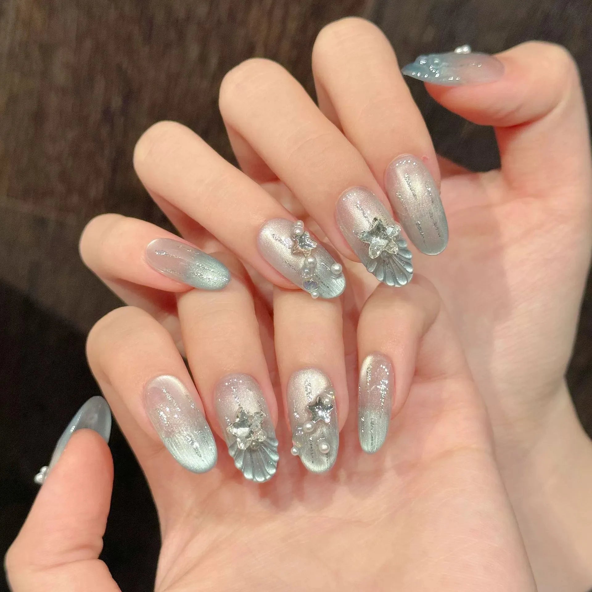 10pcs Handmade Blue Press on Nails Star Rhinestone Design Reusable Shiny Cat Eyes False Nails Round Head Fake Nail Tips Wearable Peaceful Pleasures Health and Wellness