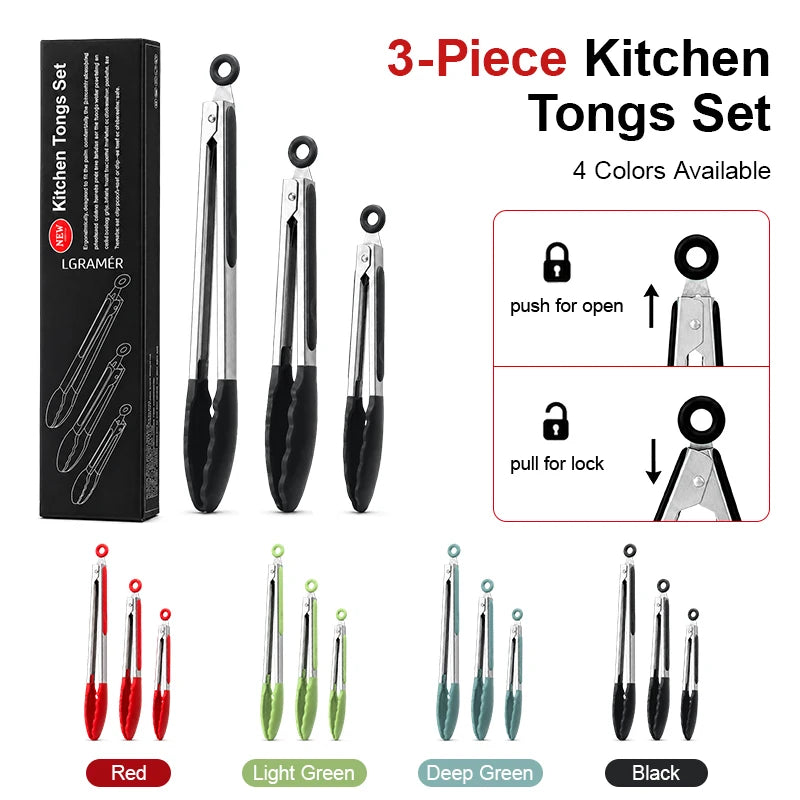 Silicone Tip Kitchen Tongs Set 3 Sizes – BBQ & Cooking Tongs