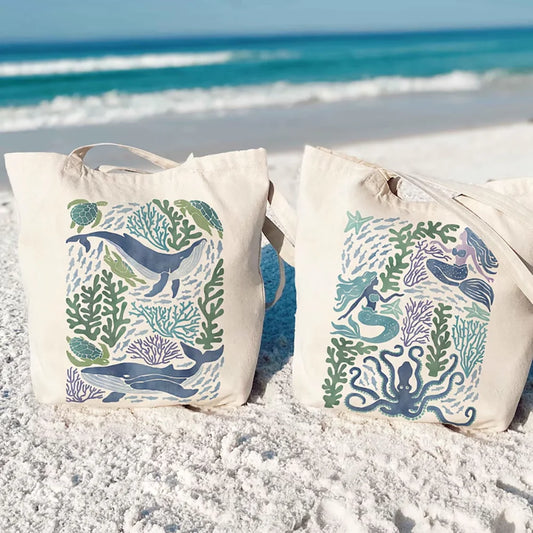 Ocean Watercolor Tote Bag | Mermaid & Whale Beach Gift Watercolor Tote Bag Peaceful Pleasures Health and Wellness