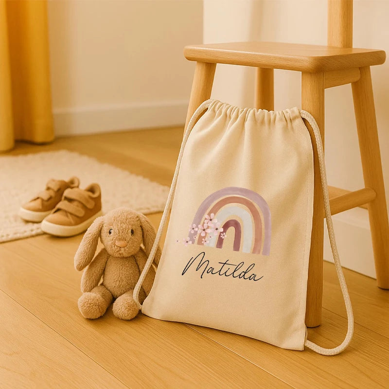 Personalized Rainbow Drawstring Backpack for Kids | Custom Name Personalized Drawstring Bag Peaceful Pleasures Health and Wellness