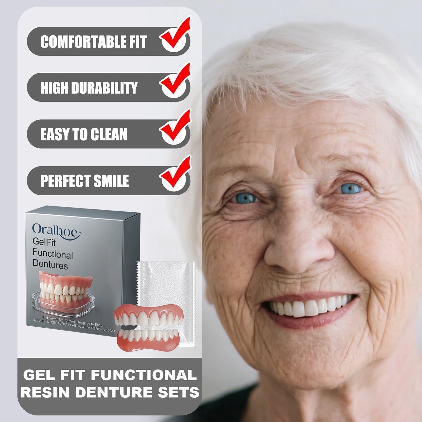 ORALHOE Gel-Fit Resin Denture Set | Cover Tooth Loss & Smile
