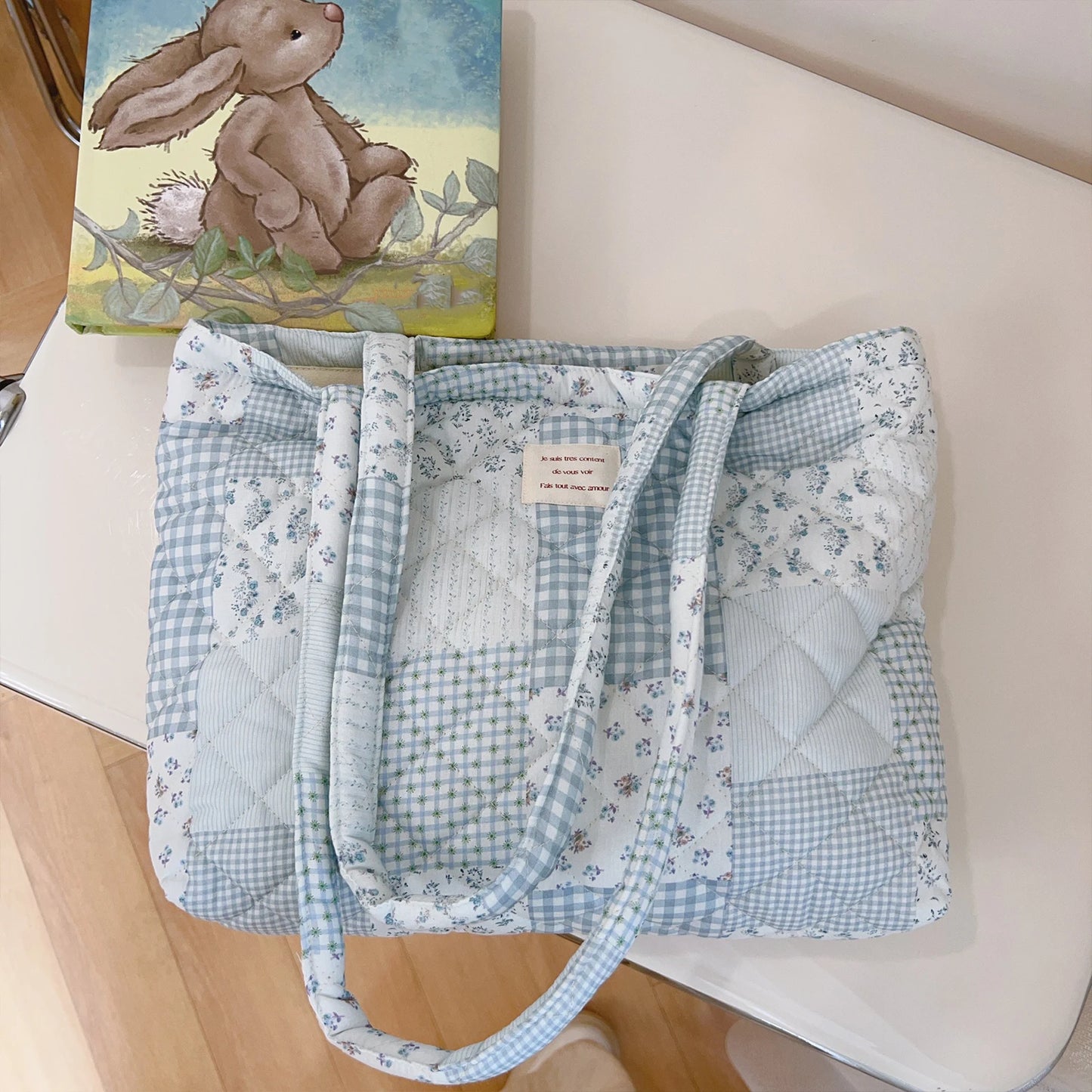 Women Quilted Cotton Laptop Work Tote Bag Lightweight Flower Print Shoulder Bags French Styles Armpit Bags for Daily Travel Work Peaceful Pleasures Health and Wellness Blue Grid Floral