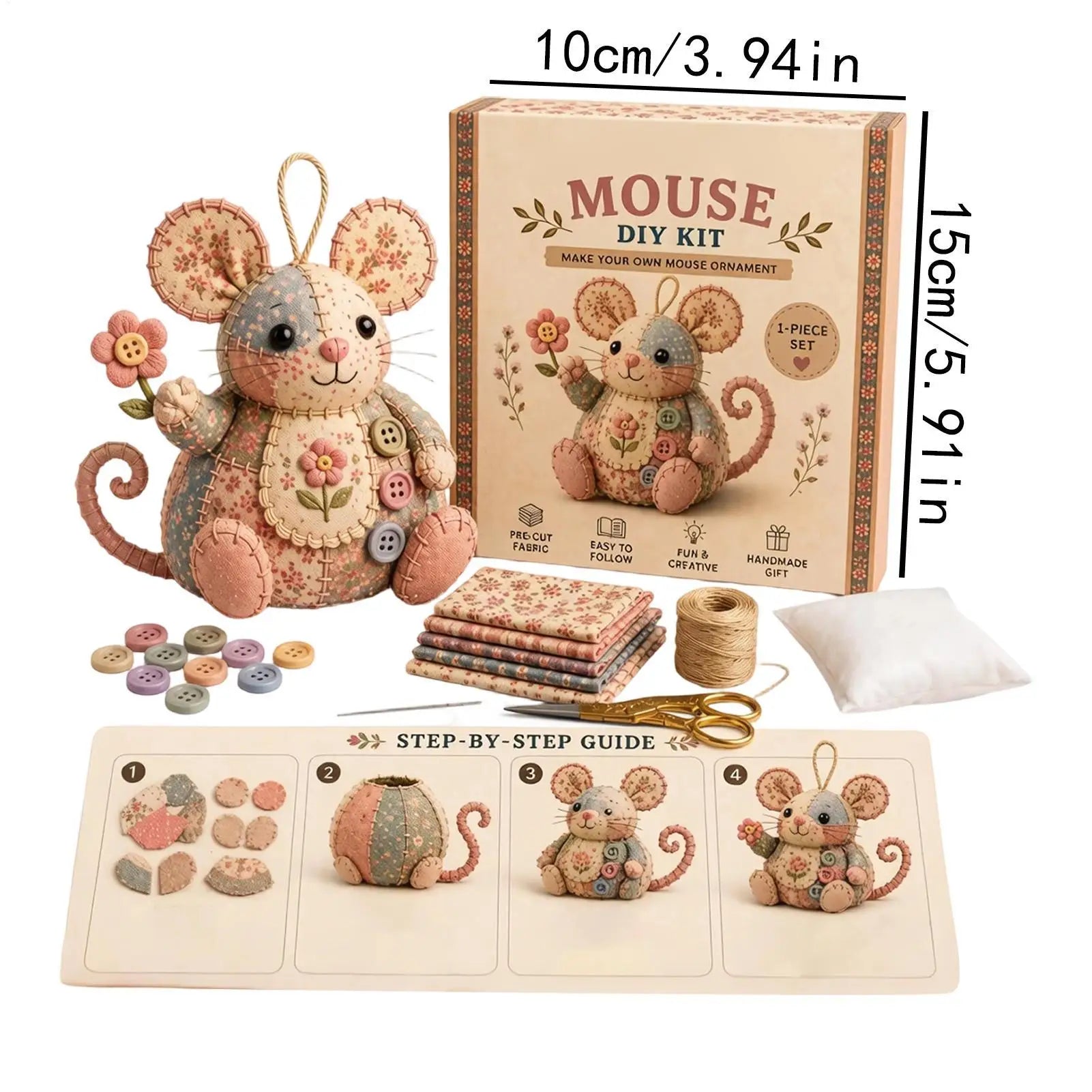 Patchwork Mouse DIY Sewing Kit – Floral Fabric Craft Set DIY Sewing Craft Kit Peaceful Pleasures Health and Wellness
